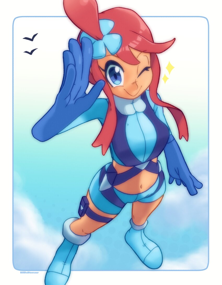 absurdres, billdadinosaur, blue_footwear, blue_gloves, blue_shorts, crop_top, cropped_jacket, gloves