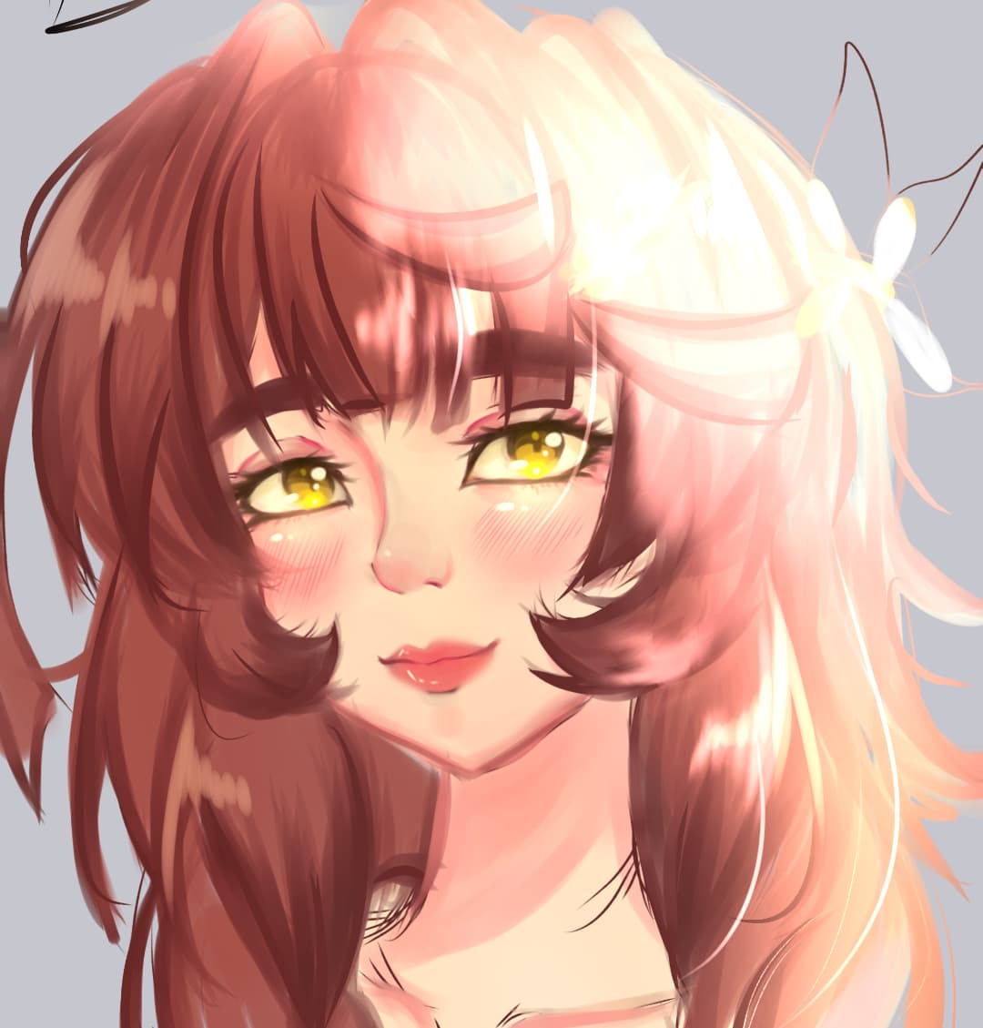 1girl, blush, brown_hair, grey_background, hikarinotenshi.arts, lips, long_hair, makeup