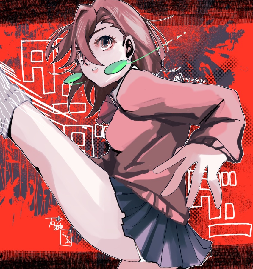 1girl, ayase_momo, blue_skirt, bow, brown_eyes, brown_hair, dandadan, earrings, high_kick, highres, inkyo_sato, jewelry, kicking, leg_warmers, miniskirt, panties, panty_peek, pink_sweater, red_bow, short_hair, skirt, solo, sweater, underwear