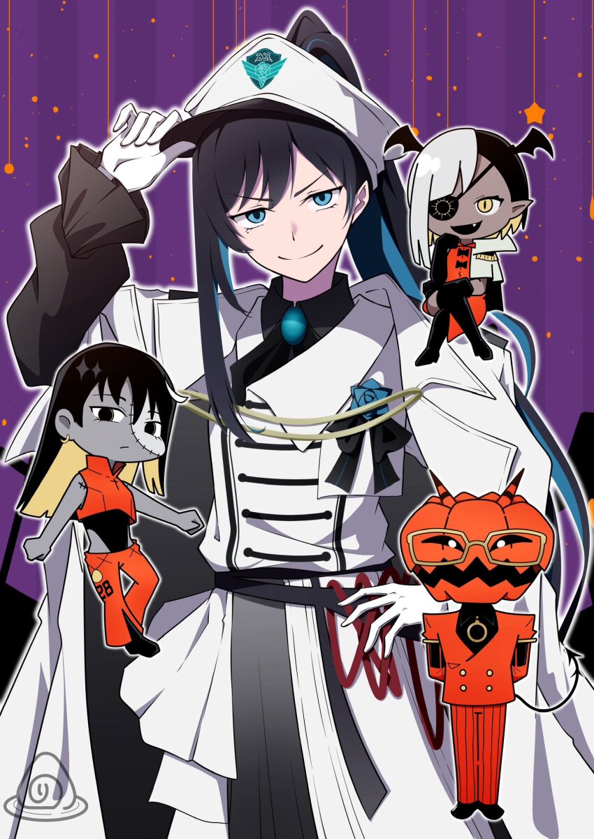 1other, 3girls, ado_(utaite), asymmetrical_hair, black_bow, black_bowtie, black_footwear, black_hair