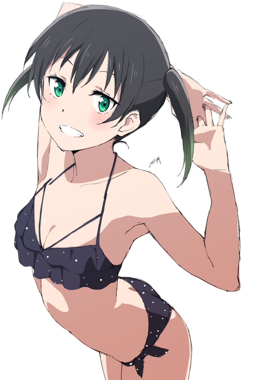 1girl, bikini, black_bikini, black_hair, breasts, cleavage, collarbone, gradient_hair
