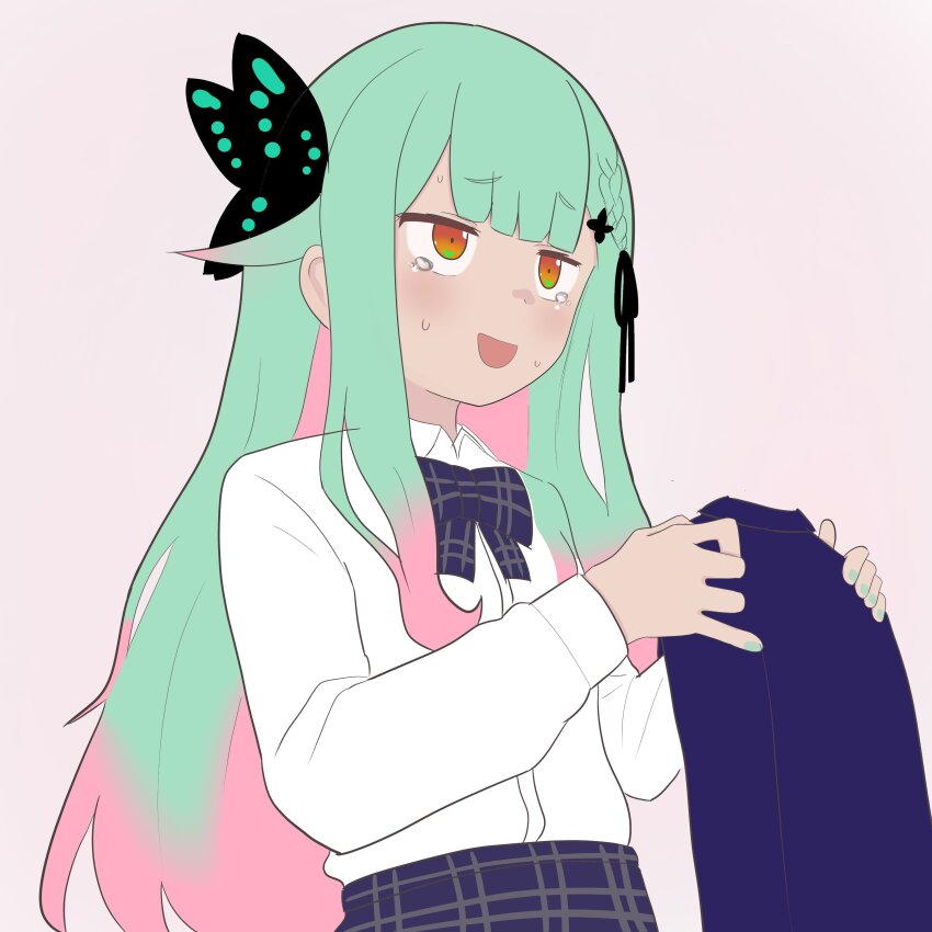 absurdres, butterfly_hair_ornament, green_hair, hair_ornament, highres, holding, hololive, kuronagirai