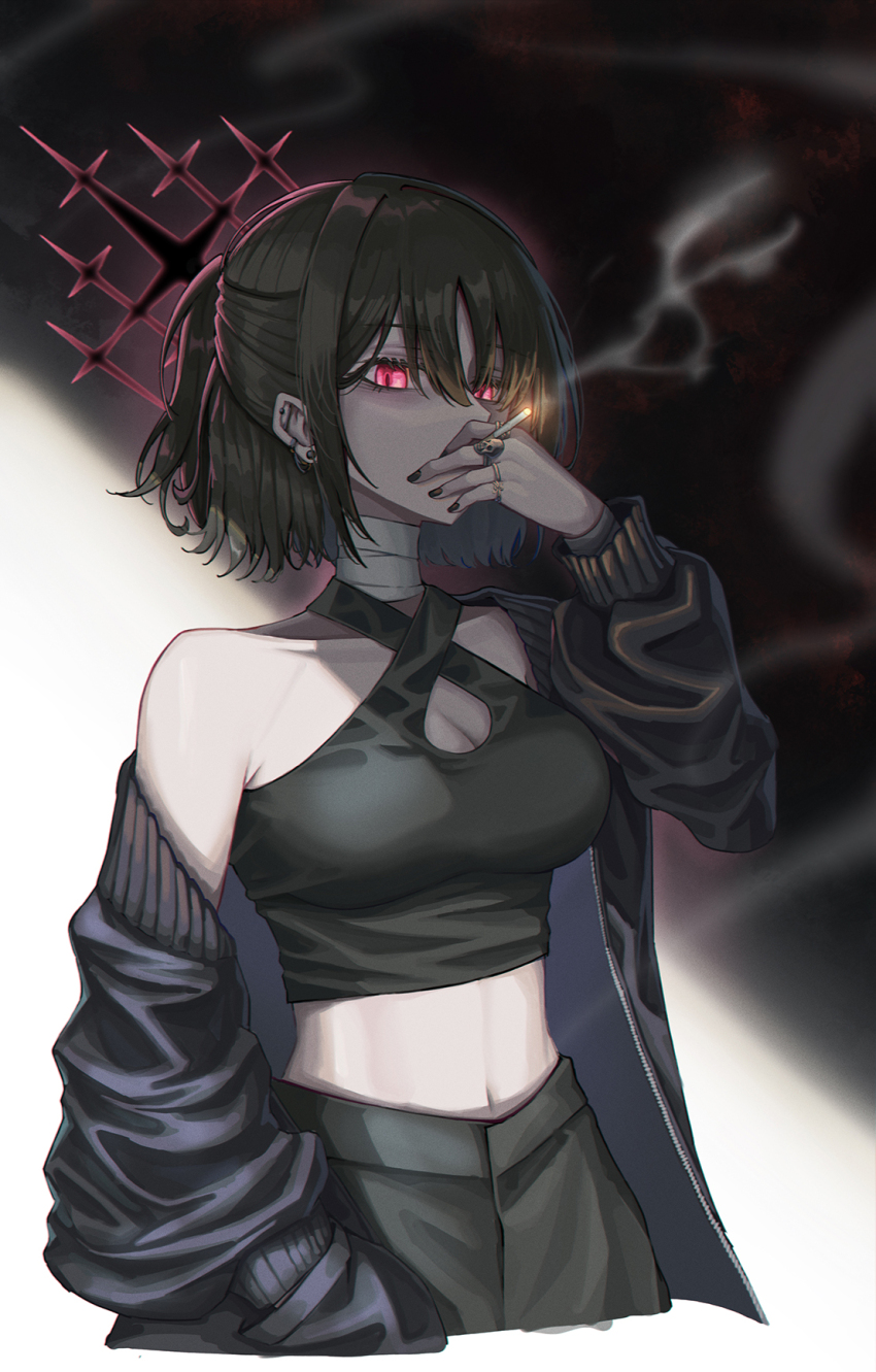 1girl, between_fingers, black_hair, black_halo, blue_archive, cigarette, criss-cross_halter, glowing