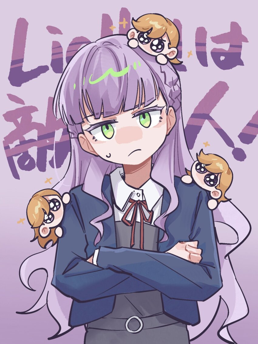4girls, blue_jacket, blunt_bangs, braid, chibi, clone, collared_shirt, commentary_request