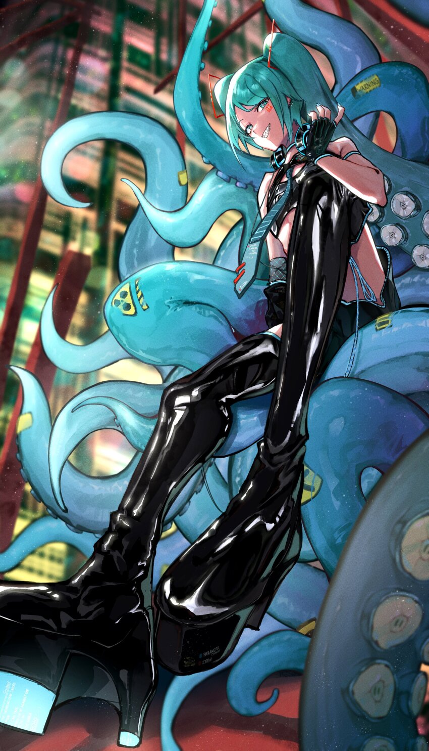 1girl, absurdres, aqua_eyes, aqua_hair, aqua_nails, aqua_necktie, armband, asymmetrical_gloves