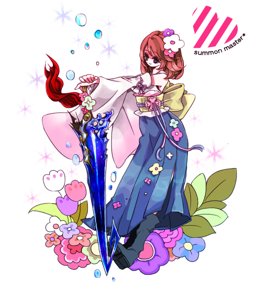 00s, 1girl, blue_hakama, brown_hair, female_focus, final_fantasy, final_fantasy_x, flower