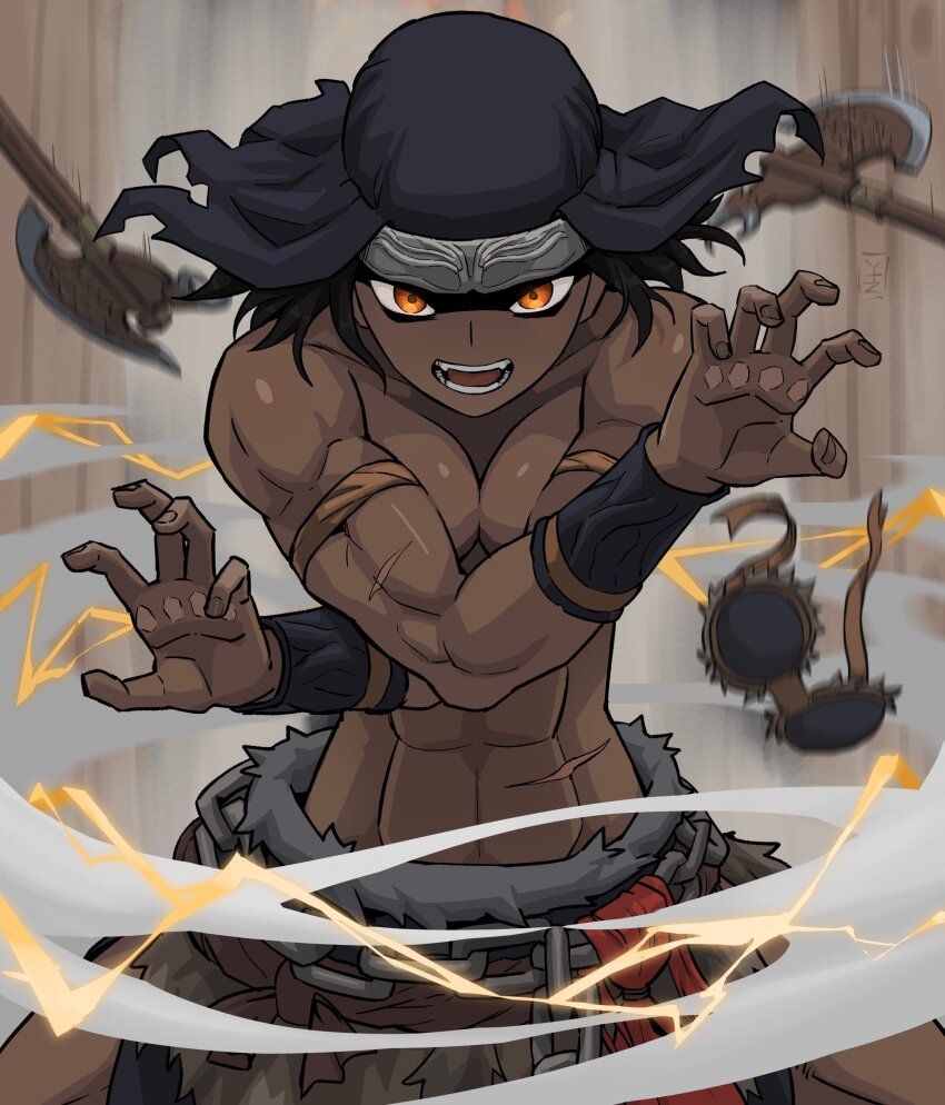 1girl, abs, absurdres, axe, black_hair, chain_belt, crossed_arms, dark-skinned_female, dark_skin, elden_ring, headscarf, highres, looking_at_viewer, muscular, muscular_female, nepheli_loux, open_mouth, orange_eyes, scar, solo, wardrobe_malfunction, yakutzan