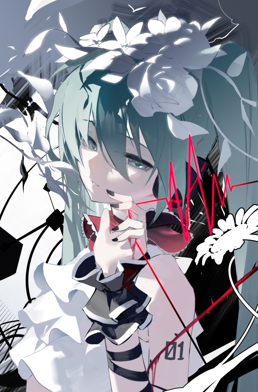 1girl, absurdres, aqua_eyes, aqua_hair, bare_shoulders, black_nails, bless_you_(module), blood