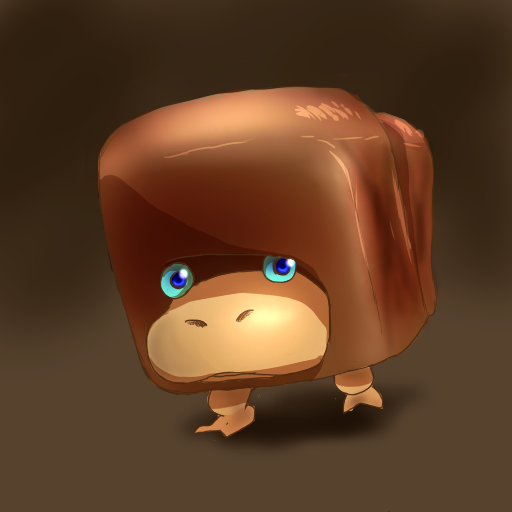 blue_eyes, blue_sclera, bread, brown_background, colored_sclera, commentary_request, creature, creature_focus, food, giant_breadbug, looking_at_viewer, nintendo, no_humans, nostrils, parted_lips, pikmin_(series), shadow, simple_background, solo, walking, yamato_koara