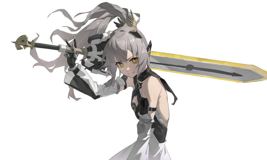 1girl, black_dress, cross-shaped_pupils, detached_sleeves, dress, grey_hair, hair_ornament, headgear