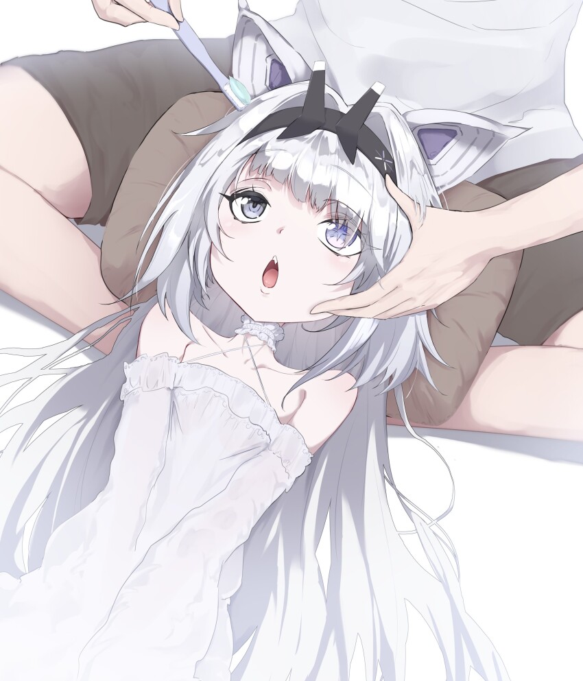 1boy, 1girl, absurdres, animal_ears, bare_shoulders, black_hairband, brushing_teeth, choker, commandant_(pgr), cross-shaped_pupils, detached_sleeves, frilled_choker, frills, grey_hair, hair_intakes, hairband, heterochromia, highres, long_hair, mechanical_ears, mismatched_pupils, no._21:_feral_(pgr), no._21_(pgr), punishing:_gray_raven, shirt, shorts, symbol-shaped_pupils, takashi_san, toothbrush, very_long_hair, white_choker, white_shirt, wolf_ears