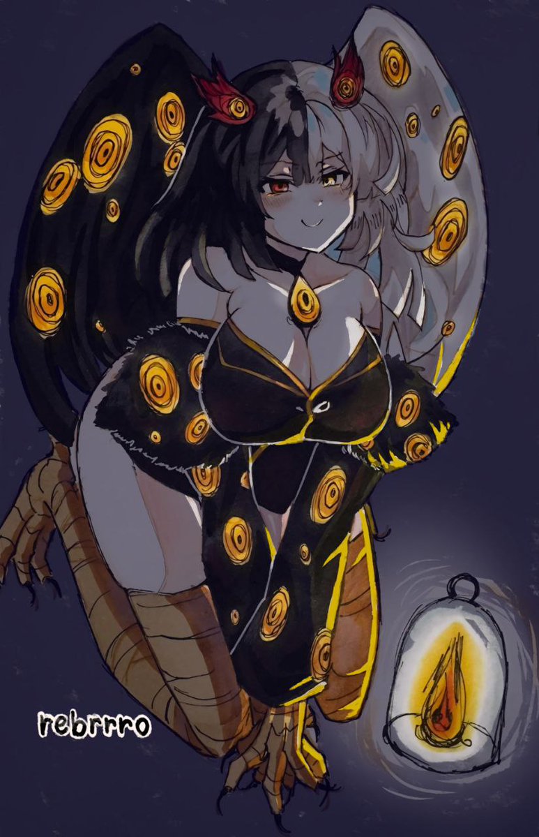 1girl, big_bird_(project_moon), bird_girl, bird_legs, black_hair, black_souls, black_souls_2, blush, breasts, choker, cleavage, collarbone, full_body, heterochromia, jubjub_(black_souls), lantern, large_breasts, medium_hair, multicolored_hair, project_moon, rebrrro, red_eyes, smile, solo, talons, thighs, white_hair, wings, yellow_eyes