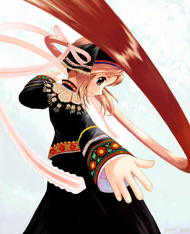 1girl, black_shirt, black_skirt, bow, chinese_clothes, commentary, commentary_request, cowboy_shot