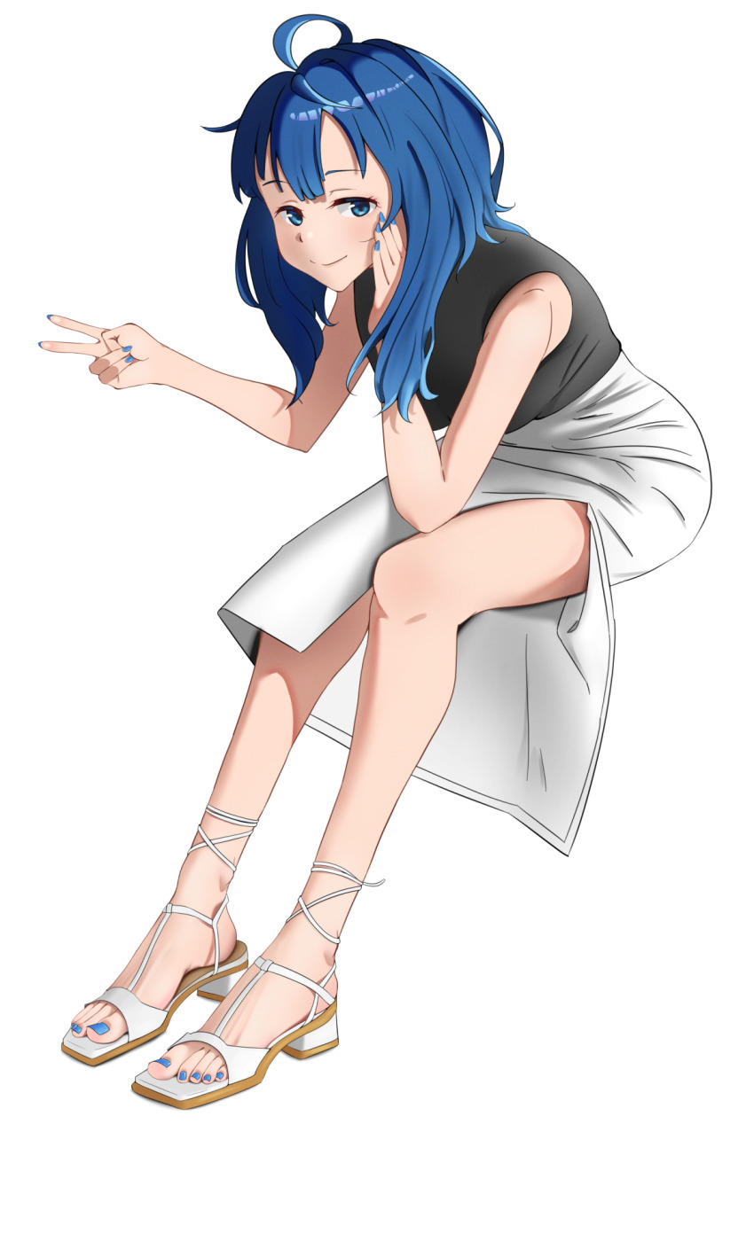 1girl, blue_eyes, blue_hair, feet, hand_on_own_cheek, hand_on_own_face, high_heel_sandals, high_heels