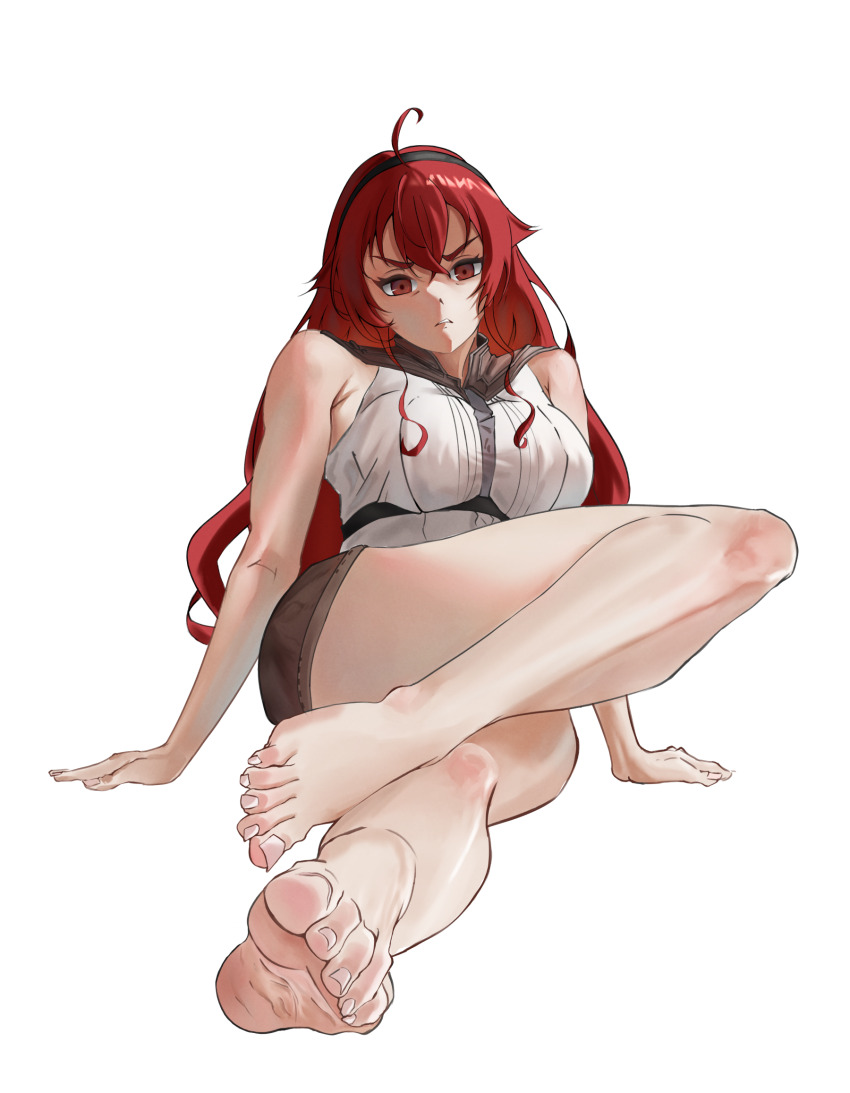 1girl, barefoot, eris_greyrat, feet, hairband, highres, kaoru_puripuri, long_hair