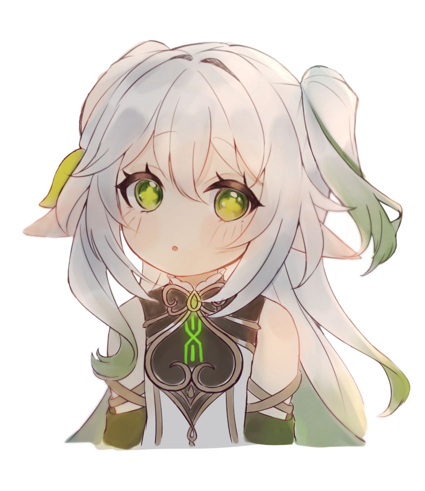 1girl, :o, bare_shoulders, blush, cape, commentary, cropped_torso, detached_sleeves