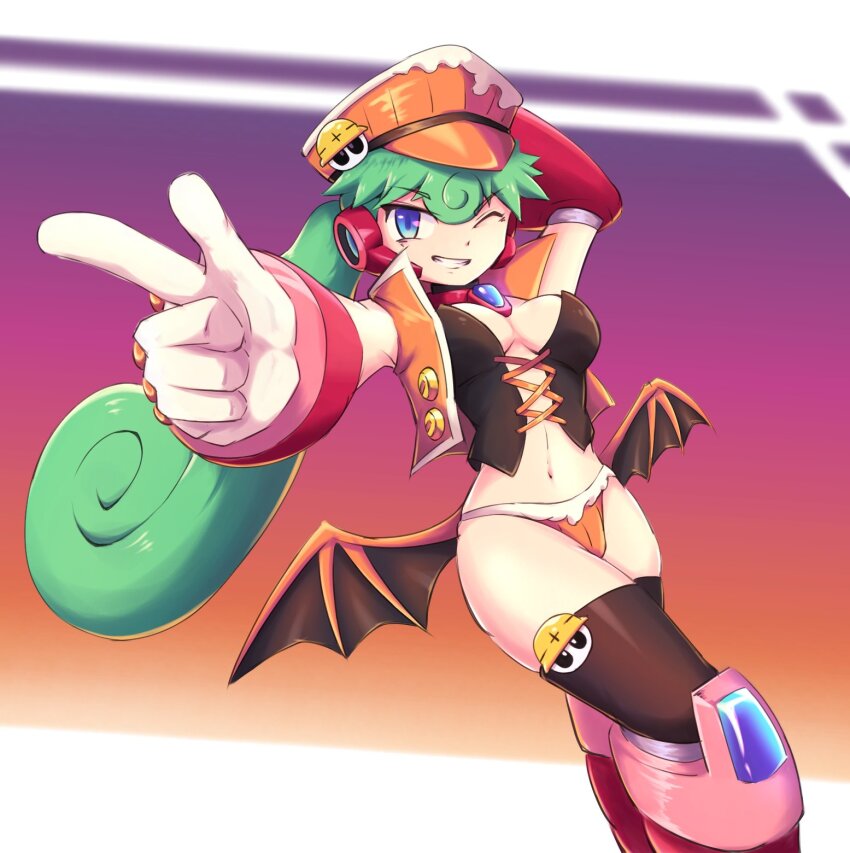 1girl, black_corset, blue_eyes, breasts, corset, cowboy_shot, green_hair, halloween_costume, highres, large_breasts, long_hair, low_wings, marino_(mega_man), mega_man_(series), mega_man_x:_command_mission, mega_man_x_(series), mega_man_x_dive, official_alternate_costume, orange_panties, orange_vest, panties, ponytail, solo, surrealmason, underwear, vest, wings