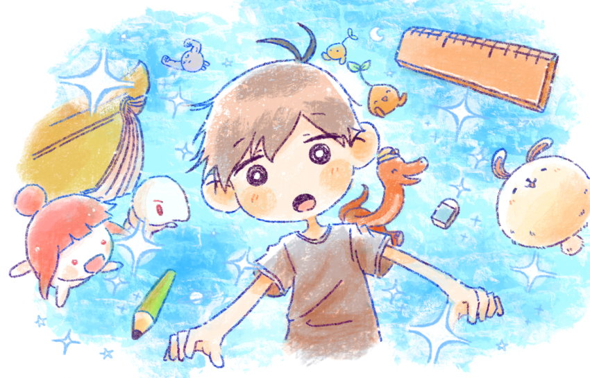 1girl, 2boys, black_eyes, black_hair, black_shirt, blunt_bangs, blush, book