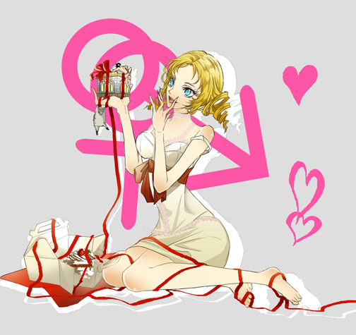 1boy, 1girl, atlus, bad_id, bad_pixiv_id, barefoot, blonde_hair, blue_eyes, cake, catherine_(atlus_character), catherine_(game), dress, drill_hair, food, gift, holding, holding_gift, mars_symbol, mini_person, miniboy, phallic_symbol, ribbon, sexually_suggestive, sheep, symbolism, toki-o, twin_drills, twintails, venus_symbol, vincent_brooks, yonic_symbol
