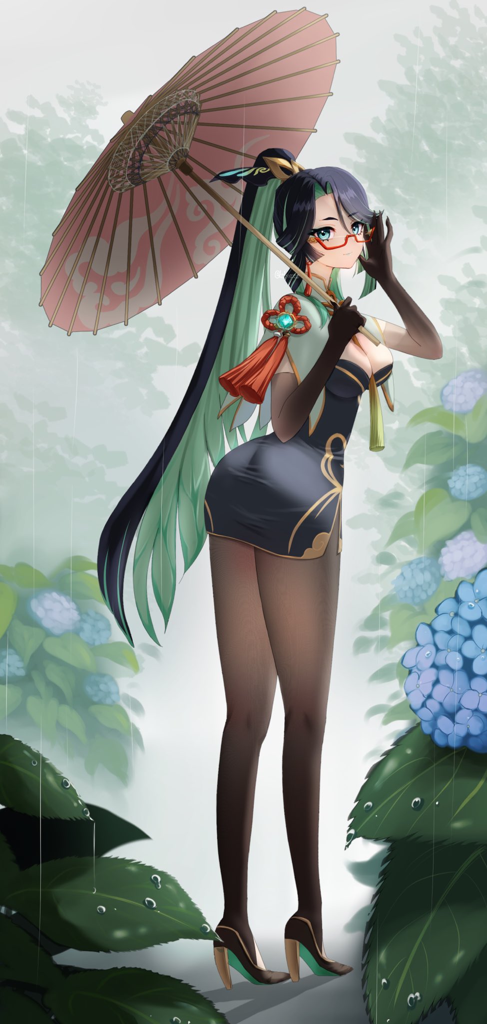 1girl, anemo_symbol_(genshin_impact), between_breasts, black_dress, black_gloves, black_hair, black_pantyhose, blue_eyes