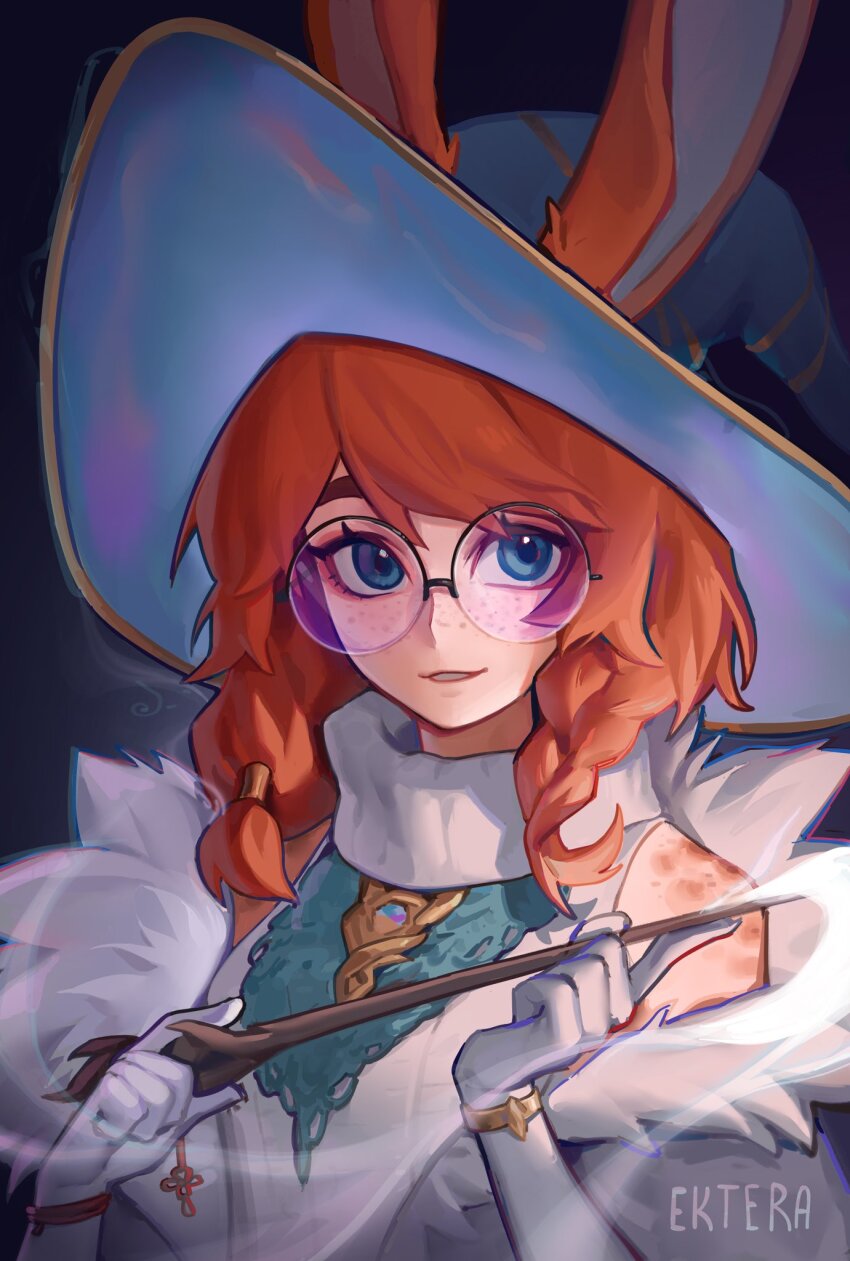 1girl, :d, animal_ears, aurora_(league_of_legends), blue_eyes, cross, ektera_dev, freckles, glasses, highres, holding, holding_wand, league_of_legends, open_mouth, orange_hair, rabbit_ears, rabbit_girl, round_eyewear, smile, solo, sweater, upper_body, wand, white_sweater