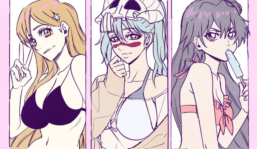 3girls, bambietta_basterbine, bikini, black_hair, bleach, bleach:_brave_souls, bleach:_sennen_kessen-hen, breasts