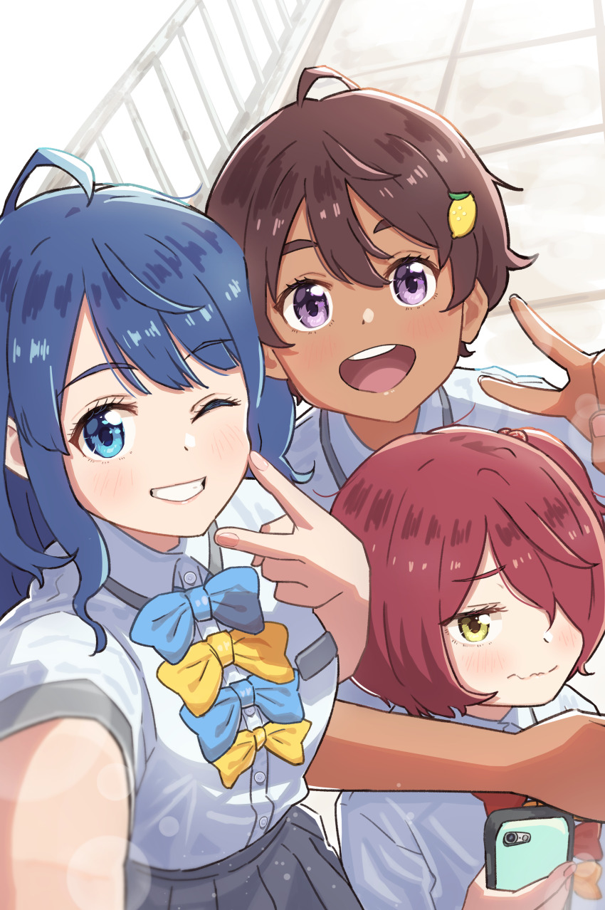 3girls, absurdres, blue_bow, blue_bowtie, blue_eyes, blue_hair, bow, bowtie