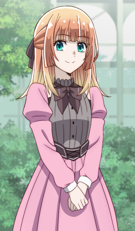 1girl, blue_eyes, breasts, bush, closed_mouth, dress, eyebrows_hidden_by_hair, greenhouse, hair_ribbon, looking_at_viewer, lycia_plaid, medium_hair, onomekaman, orange_hair, pink_dress, ribbon, small_breasts, smile, solo, tensei_kizoku_kantei_skill_de_nariagaru, tree