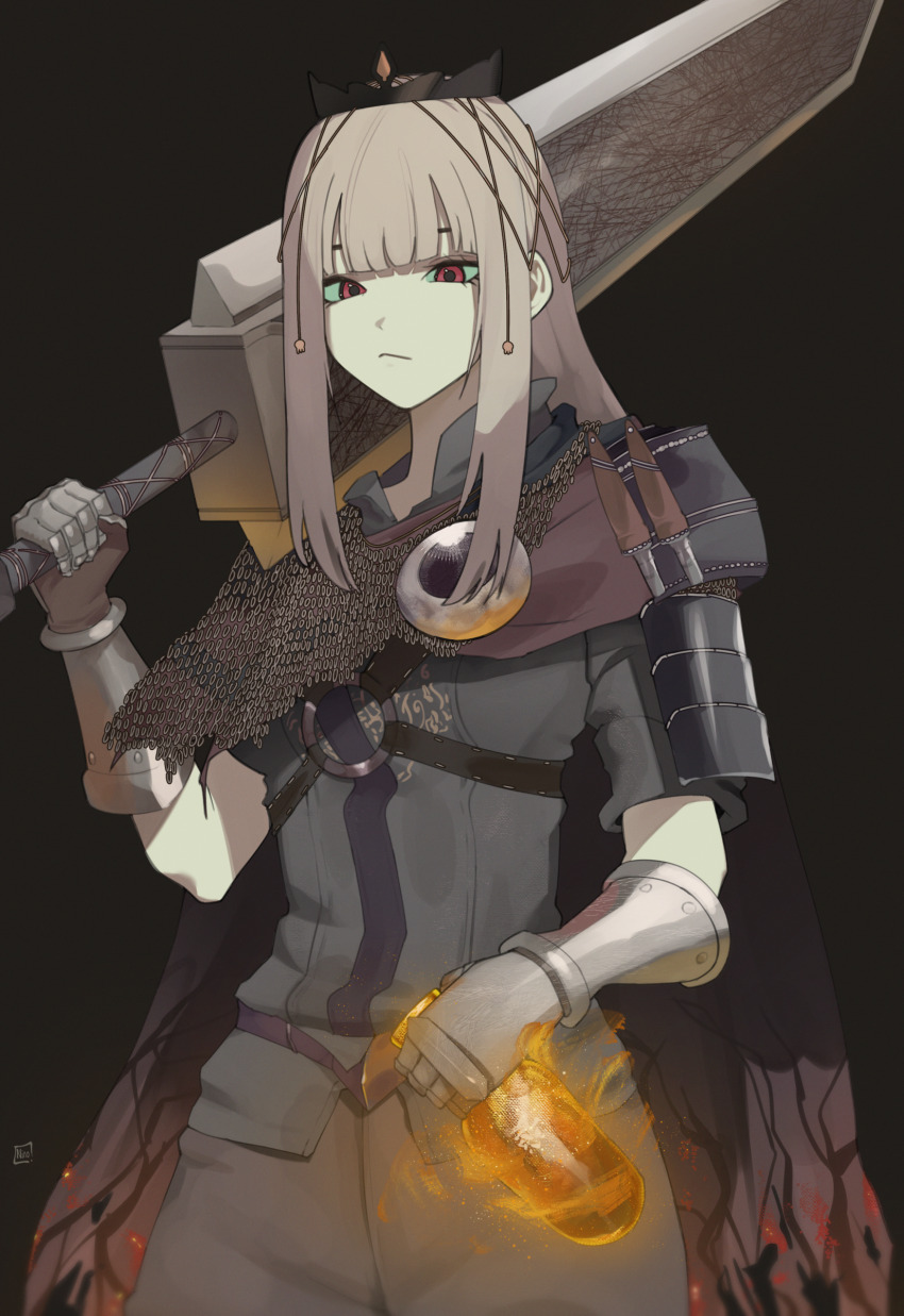 1girl, absurdres, alternate_costume, armor, ashen_one_(dark_souls), ashen_one_(dark_souls)_(cosplay), cape, chainmail, cosplay, dark_souls_(series), dark_souls_iii, estus_flask, gauntlets, grey_shirt, highres, holding, holding_sword, holding_weapon, hololive, hololive_english, huge_weapon, looking_at_viewer, mori_calliope, muted_color, o22no, over_shoulder, pink_hair, red_eyes, shirt, shoulder_armor, solo, sword, tiara, torn_cape, torn_clothes, upper_body, virtual_youtuber, weapon, weapon_over_shoulder
