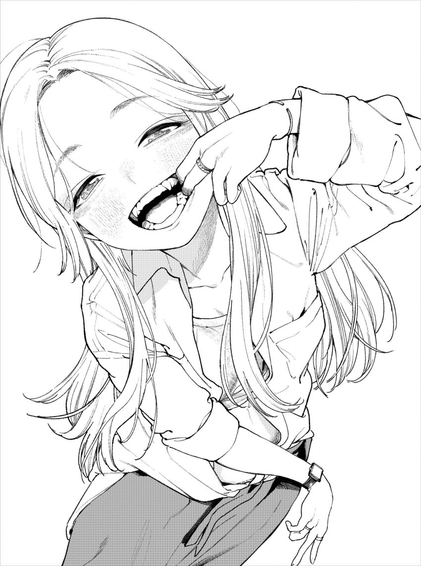 1girl, akanegakubo_momo, blush, character_request, commentary_request, copyright_request, cowboy_shot, fangs