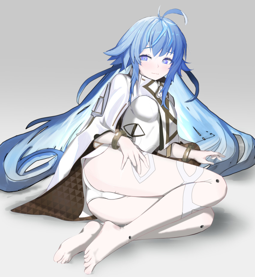 1girl, :3, ass, bare_legs, barefoot, blue_eyes, blue_hair, blush, breasts, cape, eniac_(neural_cloud), from_below, full_body, girls'_frontline, girls'_frontline_neural_cloud, hair_between_eyes, hand_on_own_thigh, highres, legs, legs_folded, leotard, light_smile, long_hair, lotan, lying, on_side, pale_skin, panties, purple_eyes, small_breasts, solo, thighs, underwear, very_long_hair, white_cape, white_leotard, white_panties