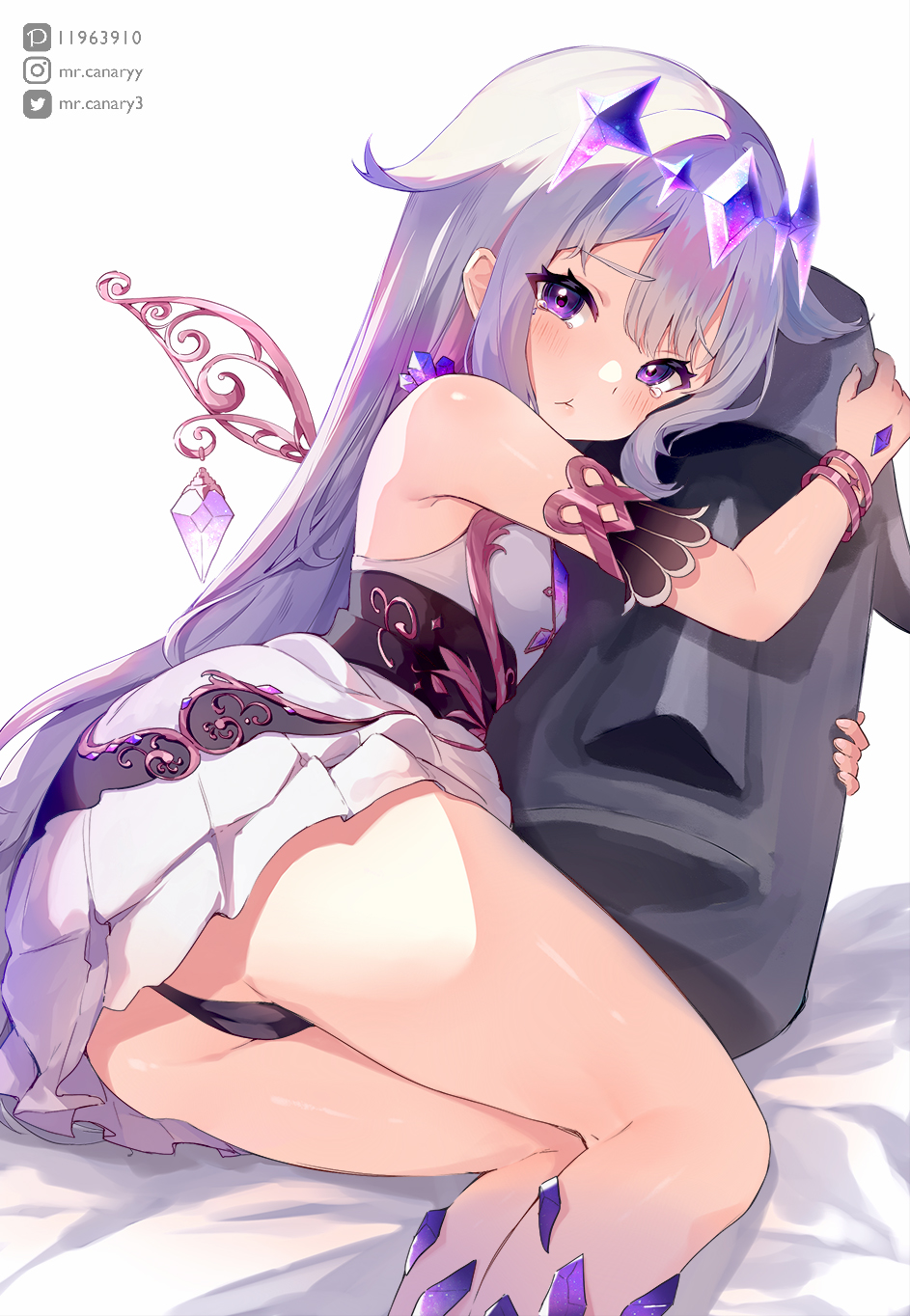 1girl, black_panties, blush, cameltoe, commentary_request, dress, feet_out_of_frame, grey_hair