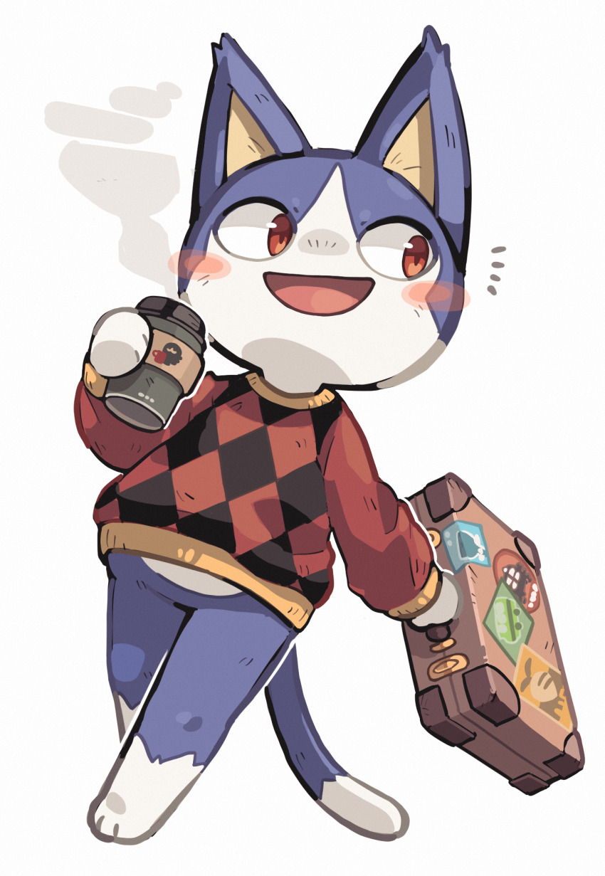1boy, aaarkgkaaa, animal_crossing, animal_ears, blush, cat_boy, cat_ears, cat_tail, cup, full_body, furry, furry_male, highres, holding, holding_cup, holding_suitcase, male_focus, nintendo, open_mouth, red_eyes, red_sweater, rover_(animal_crossing), simple_background, standing, suitcase, sweater, tail, walking, white_background