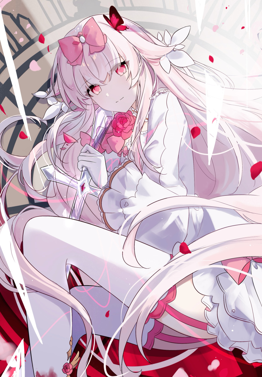 absurdres, arcaea, bow, breasts, bug, butterfly, cleavage, dress