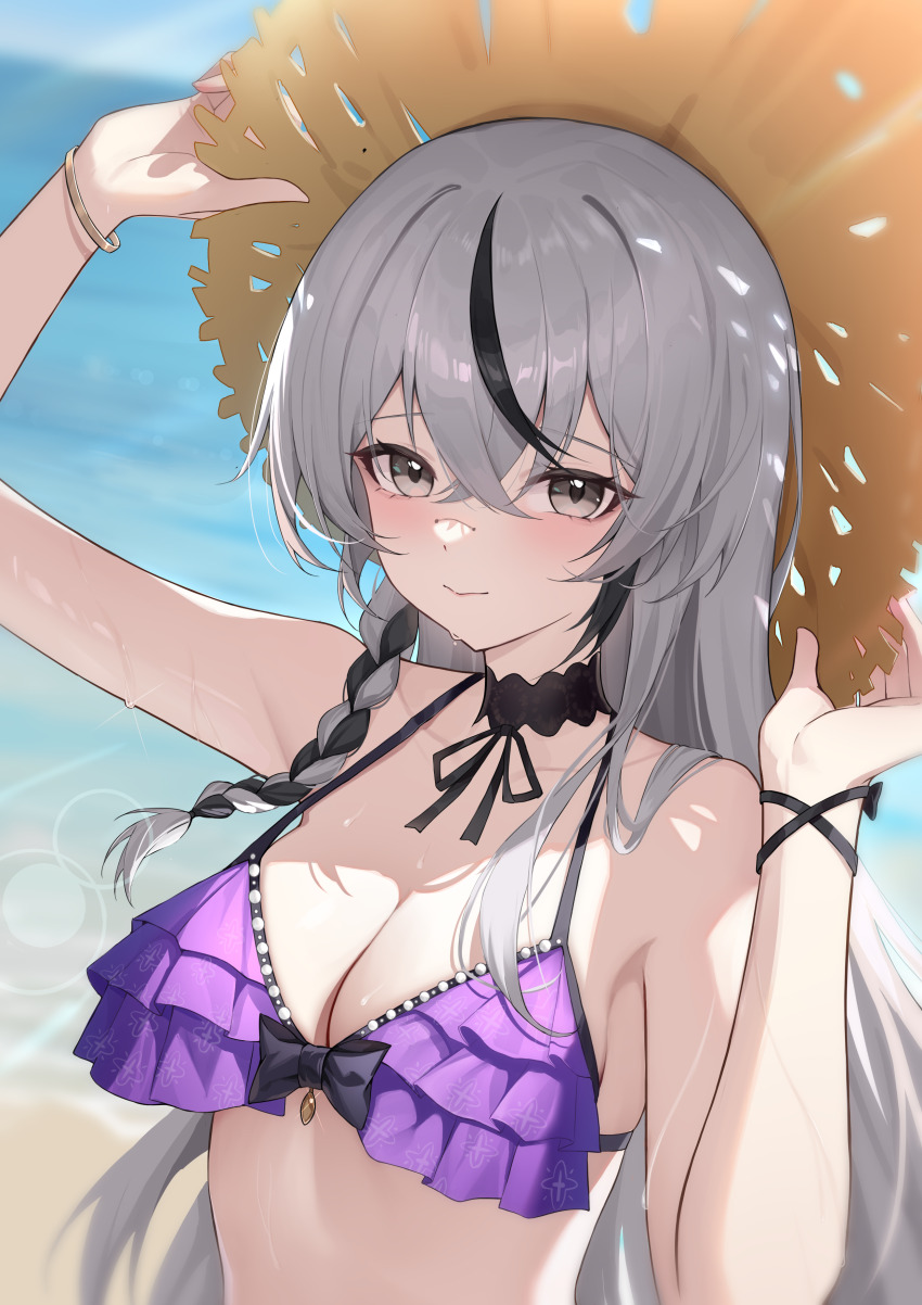 1girl, absurdres, arm_up, bare_shoulders, beach, bikini, black_bow, black_choker