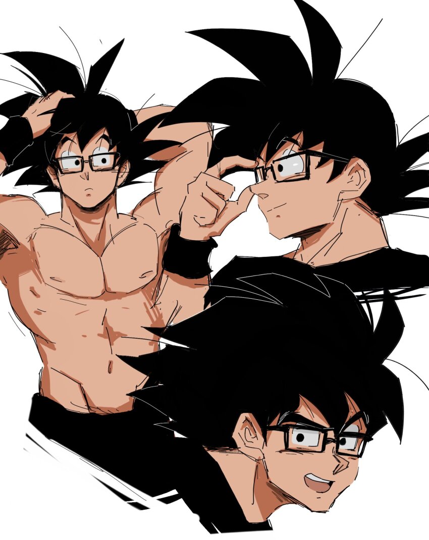 1boy, adjusting_eyewear, armpits, bespectacled, black_eyes, black_hair, commentary, dragon_ball