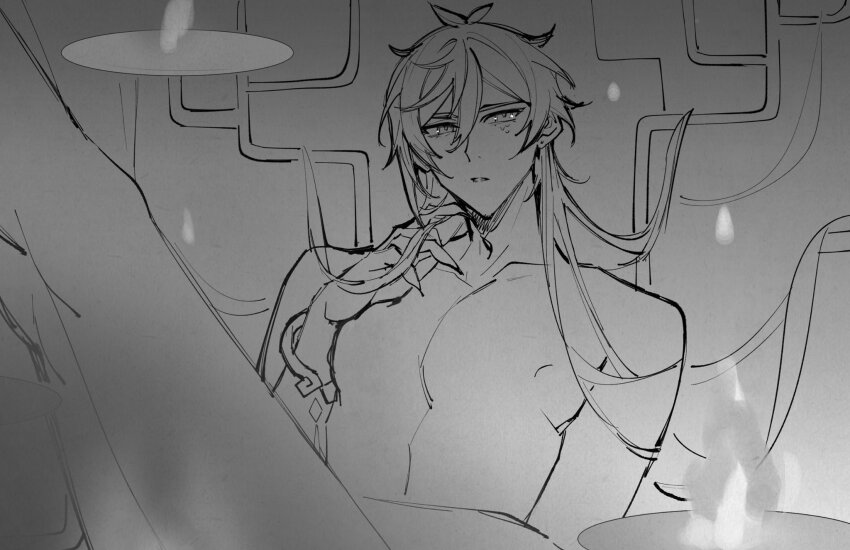 1boy, ahoge, alternate_hairstyle, dragon_scales, genshin_impact, greyscale, highres, long_hair