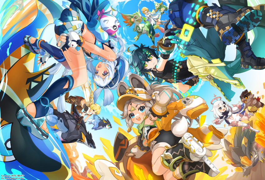 2boys, 4girls, :d, absurdres, aether_(genshin_impact), ahoge, aqua_pants, ass