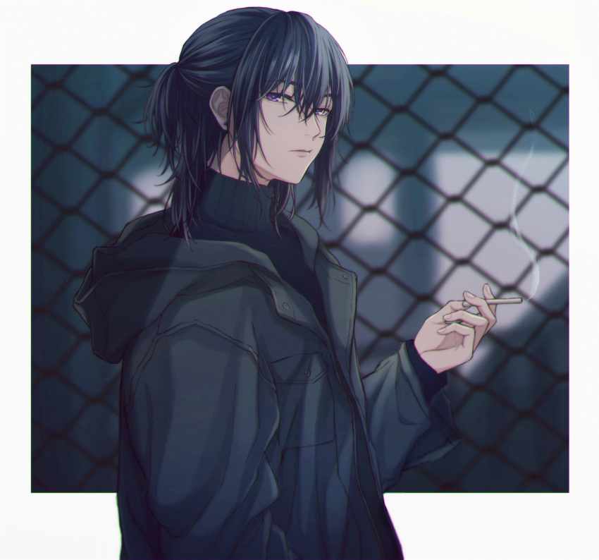 1boy, absurdres, black_hair, black_jacket, black_shirt, blurry, blurry_background, border, chain-link_fence, cigarette, commentary_request, fence, from_side, hair_between_eyes, highres, holding, holding_cigarette, jacket, looking_at_viewer, male_focus, medium_hair, moxamog, original, ponytail, purple_eyes, shirt, short_ponytail, sidelocks, solo, turtleneck, turtleneck_shirt, upper_body