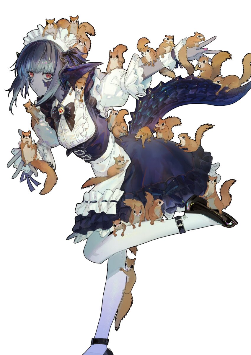 1girl, animal, animal_on_arm, animal_on_head, animal_on_leg, animal_on_shoulder, animal_on_tail, apron