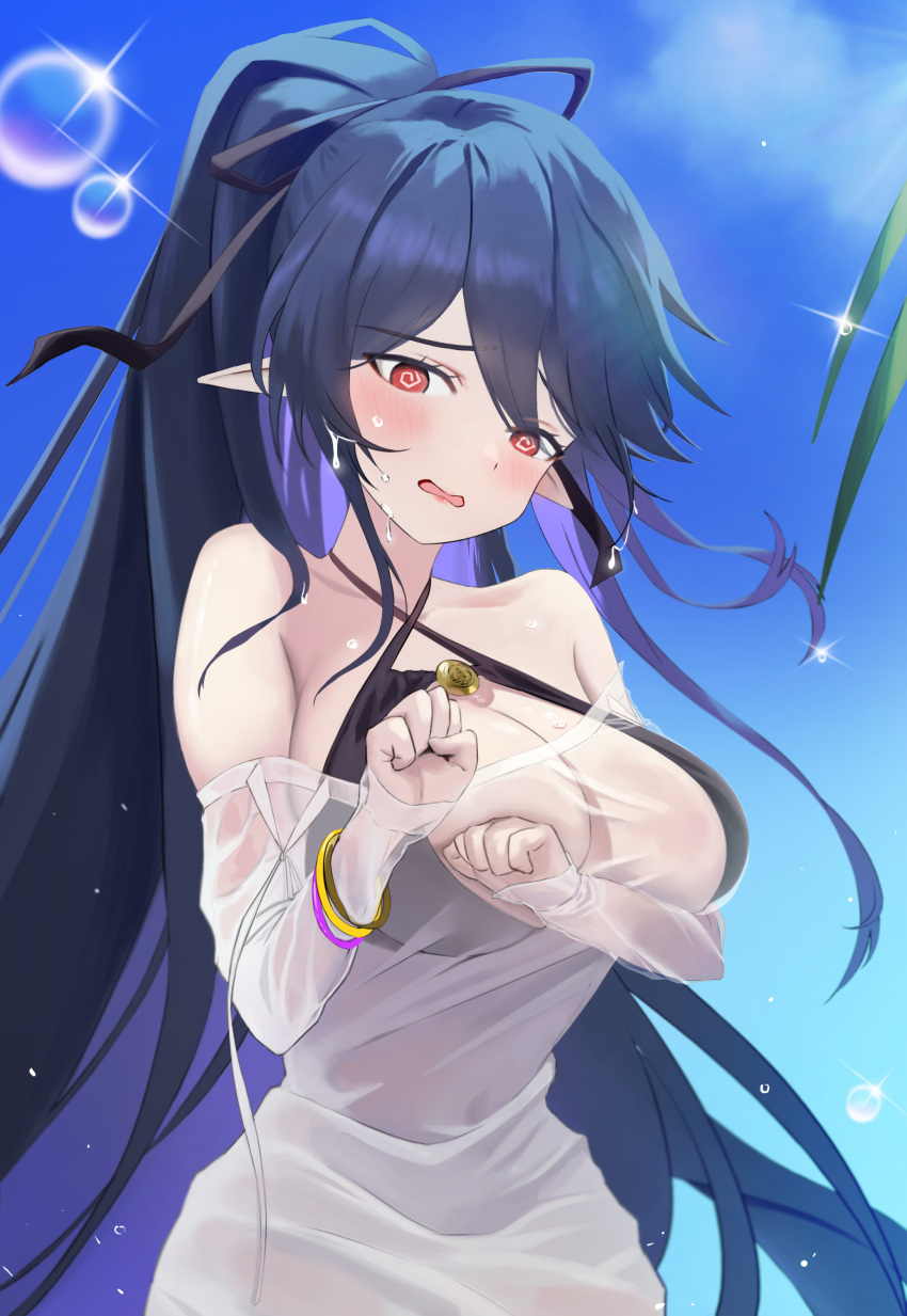 1girl, @_@, absurdres, armpit_crease, bare_shoulders, bikini, black_hair, black_ribbon