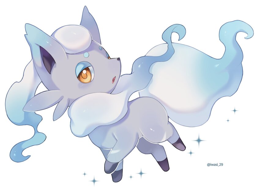 alternate_color, animal_focus, blue_hair, half-closed_eyes, highres, hisuian_zorua, iwasi_29, long_hair