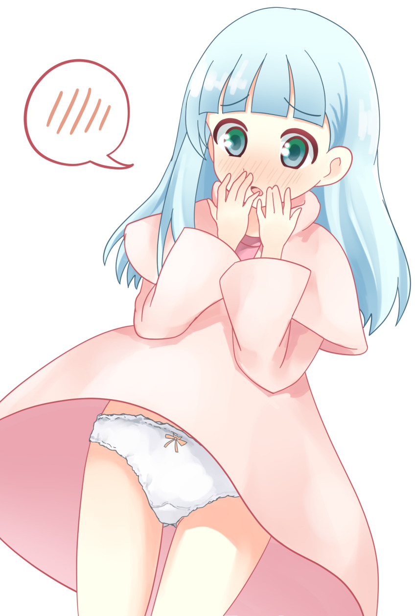 1girl, belle_(dungeon_people), blue_hair, blush, clothes_lift, covering_own_mouth, cowboy_shot, dress, dress_lift, dungeon_people, embarrassed, female_focus, green_eyes, hand_over_own_mouth, hands_up, highres, light_blue_hair, loli, long_hair, long_sleeves, looking_down, nose_blush, open_mouth, p-hone, panties, pink_dress, simple_background, solo, standing, underwear, white_background, white_panties