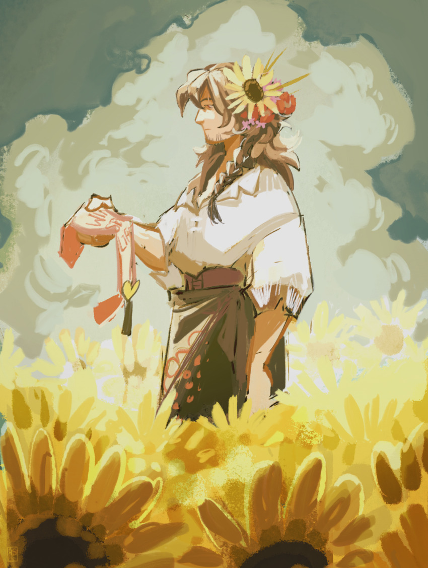 1boy, applestruda, beard_stubble, belt, braid, brown_belt, brown_pants, cloud