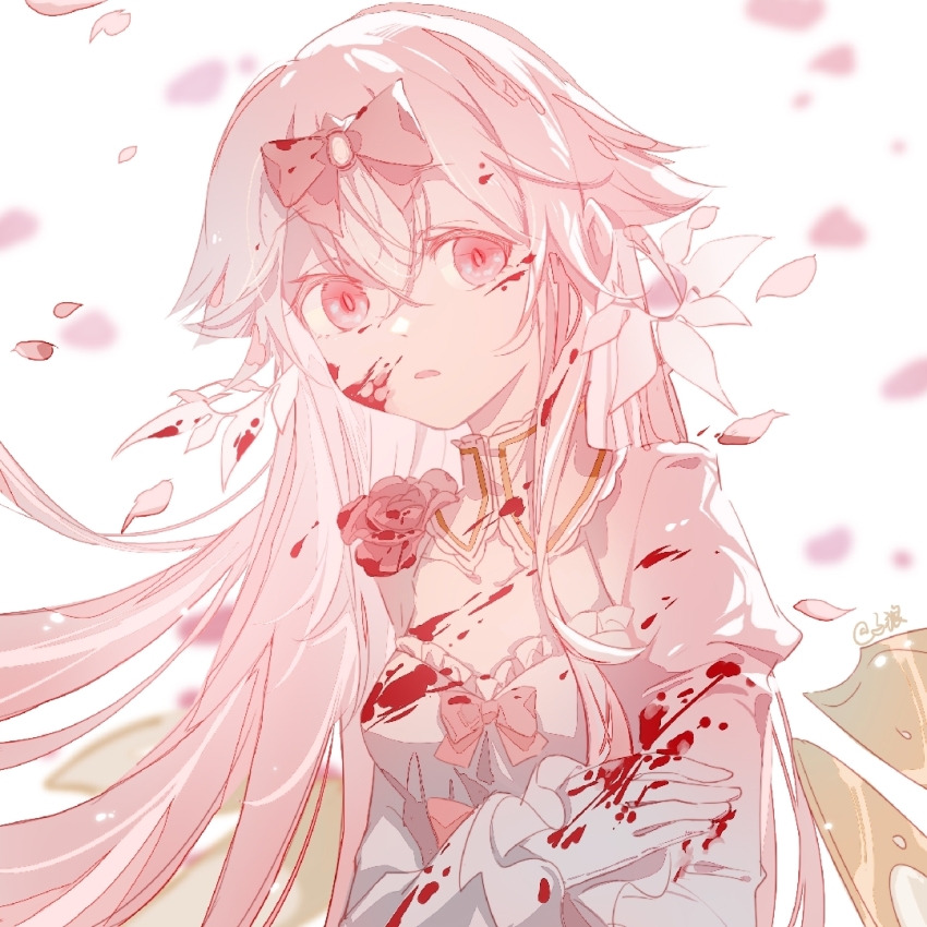 1girl, arcaea, blood, bow, breasts, bug, butterfly, cleavage