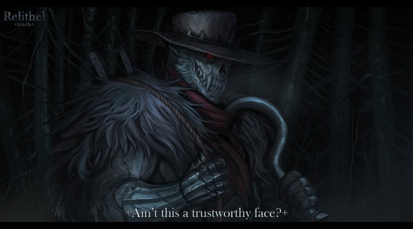 1boy, artist_name, bandana, brown_hat, commentary, english_text, fangs, fur_scarf