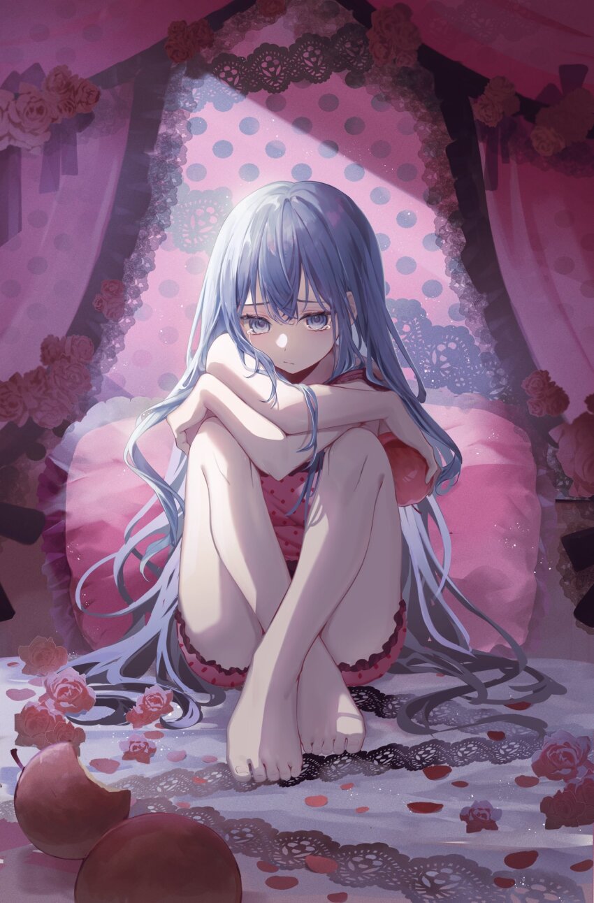 1girl, :/, apple, barefoot, bed, bitten_apple, black_lace_trim, blue_eyes, blue_hair, camisole, canopy_bed, crossed_arms, crossed_legs, crying, crying_with_eyes_open, curtains, fetal_position, flower, food, food_bite, frilled_pillow, frills, fruit, hair_down, hatsune_miku, highres, holding, holding_food, holding_fruit, knees_to_chest, light_blue_hair, long_hair, messy_hair, murumuru_(pixiv51689952), pale_skin, petals, pillow, pink_camisole, pink_curtains, pink_pillow, pink_theme, polka_dot_camisole, red_flower, red_rose, romeo_to_cinderella_(vocaloid), rose, sad, self_hug, sitting, solo, streaming_tears, tearing_up, tears, very_long_hair, vocaloid