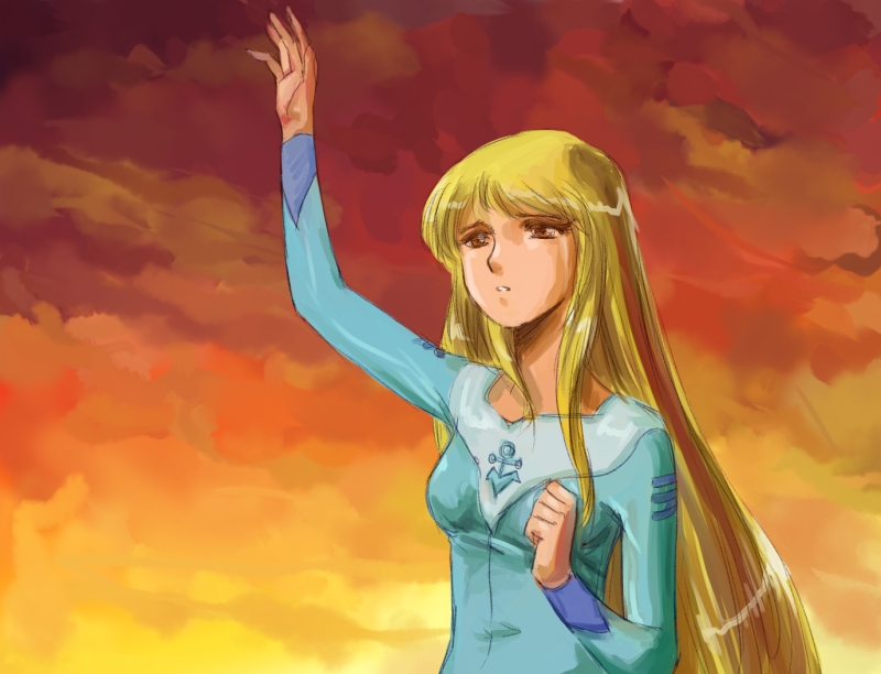 1970s_(style), 1980s_(style), 1girl, aqua_bodysuit, blonde_hair, blue_bodysuit, bodysuit, female_focus, kodai_sasha, long_hair, military, military_uniform, nakroom, oldschool, outdoors, retro_artstyle, science_fiction, solo, sunset, tears, uchuu_senkan_yamato, upper_body, very_long_hair, waving