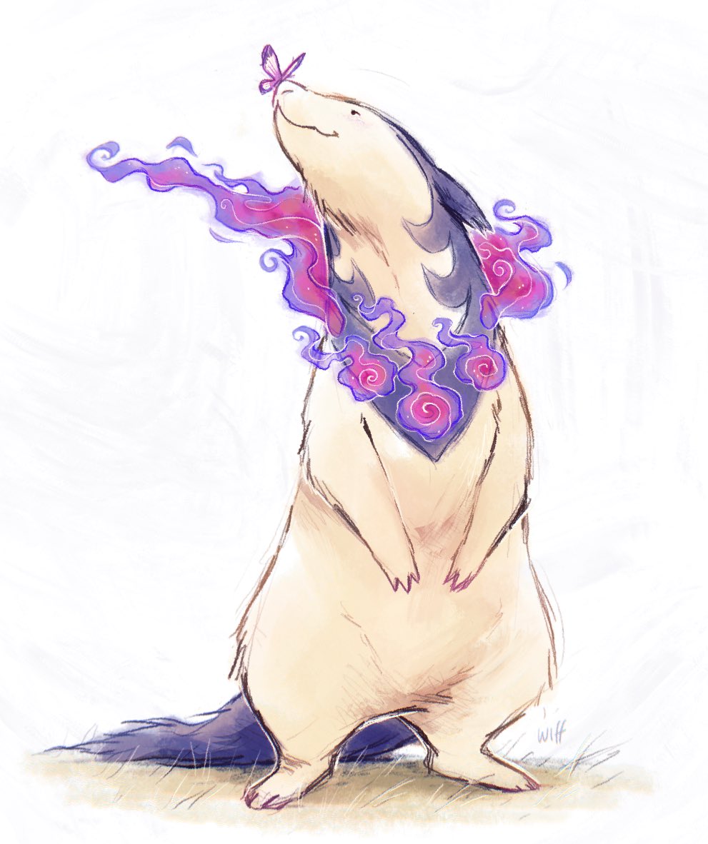 animal_focus, badger, bug, butterfly, closed_mouth, commentary, english_commentary, fire, full_body, grass, hisuian_typhlosion, insect, lutraviolet, nintendo, no_humans, on_ground, pink_butterfly, pink_fire, pokemon, pokemon_(creature), simple_background, smile, snout, standing, white_background