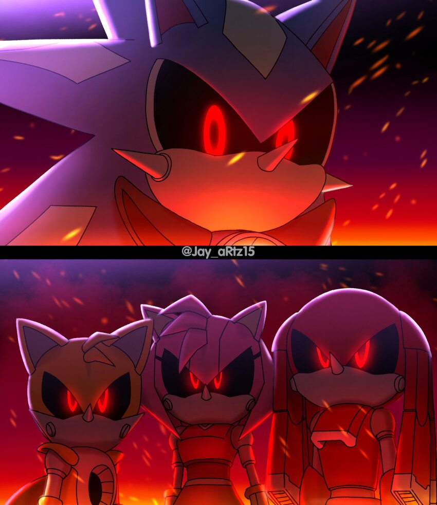 1girl, 3boys, animal_ears, black_sclera, colored_sclera, commentary, embers, english_commentary